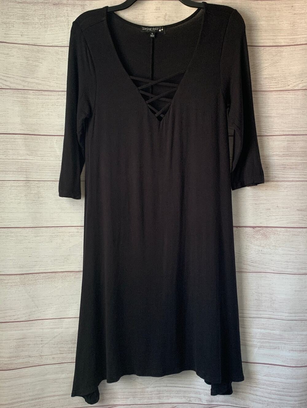 Living Doll Black Dress with Criss Cross Front V Neck Elbow Length Sleeves XL